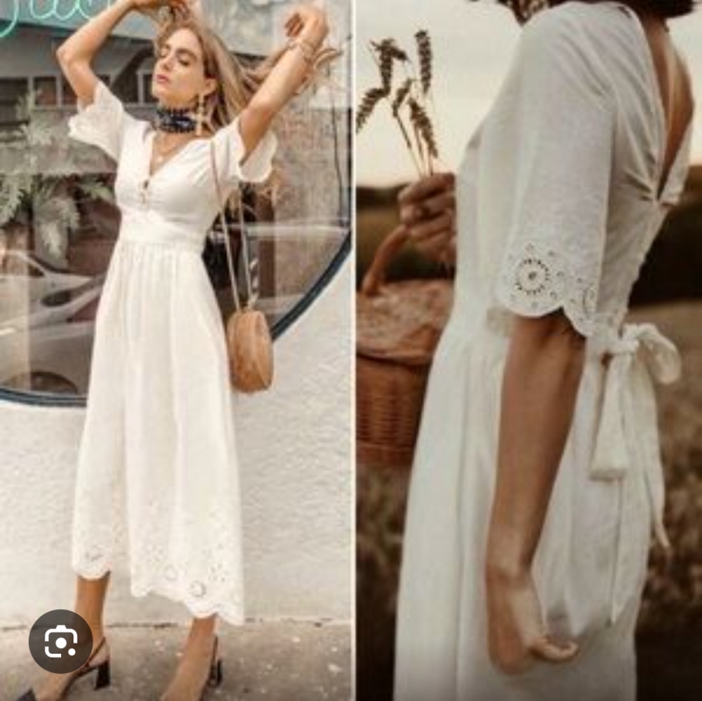 Zara TRF White Cotton Lace Eyelet Midi Dress
